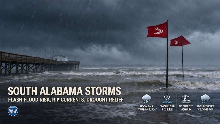 Illustration for the news story: Heavy Rain Weekend Brings Flash Flood Risk, Rip Currents and Drought Relief to South Alabama