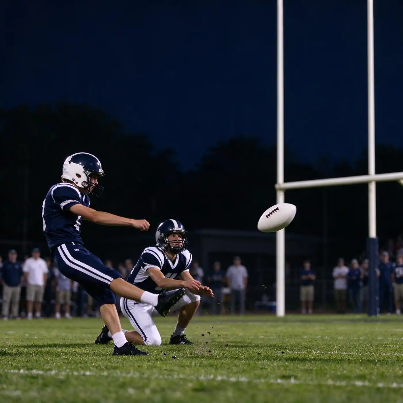 High school kicker sending an extra-point attempt toward the goal posts under stadium lights