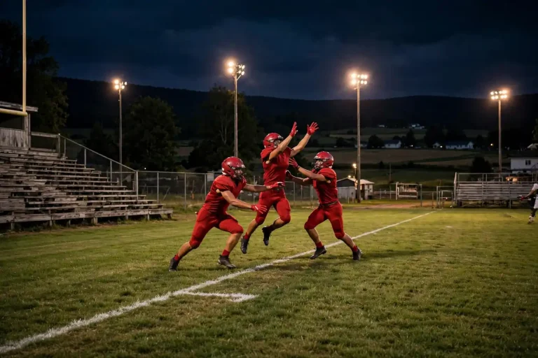 High school football players battling near the goal line at a small rural stadium under lights