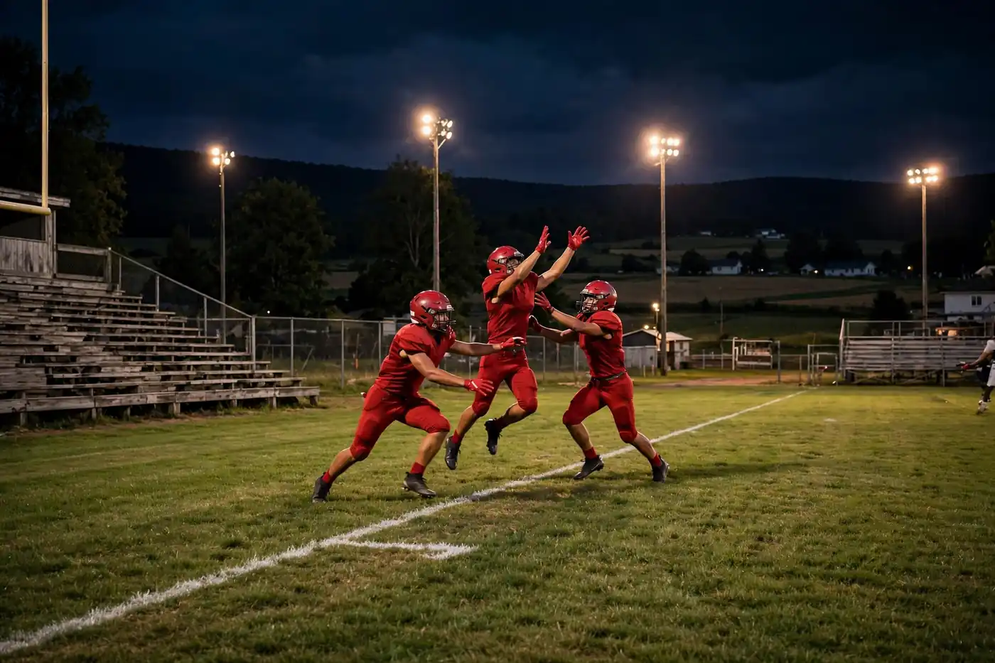 High school football players battling near the goal line at a small rural stadium under lights