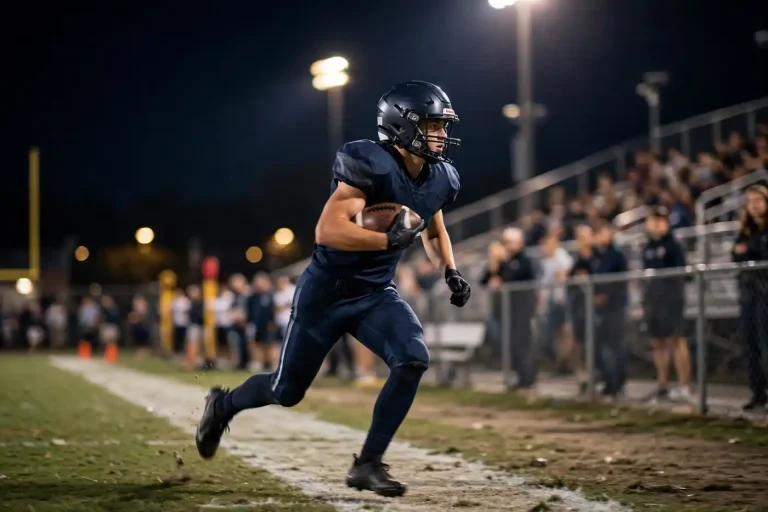 High school football defender running down the sideline with an intercepted ball under stadium lights