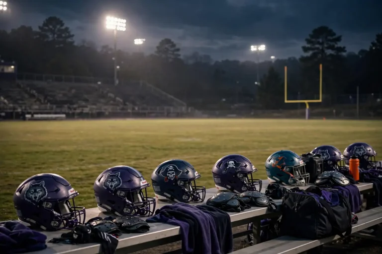 High school football teams line up under stadium lights on a Friday night