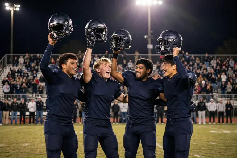High school football players raising their helmets and celebrating on a lit field at night