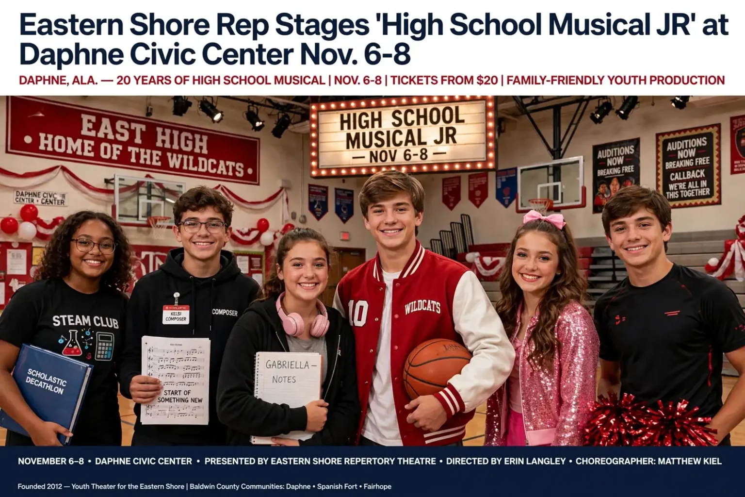 Teen theater cast in costumes posing on a high school musical stage set