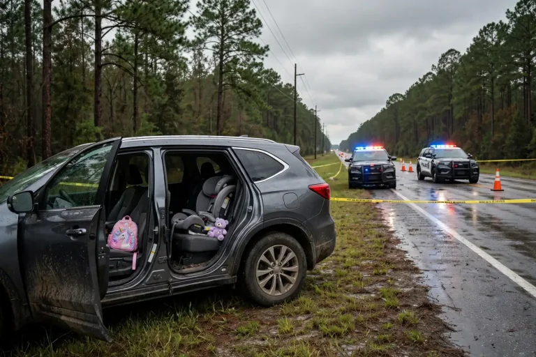 A two-lane stretch of U.S. Highway 98 lined with pine trees in rural George County, Mississippi