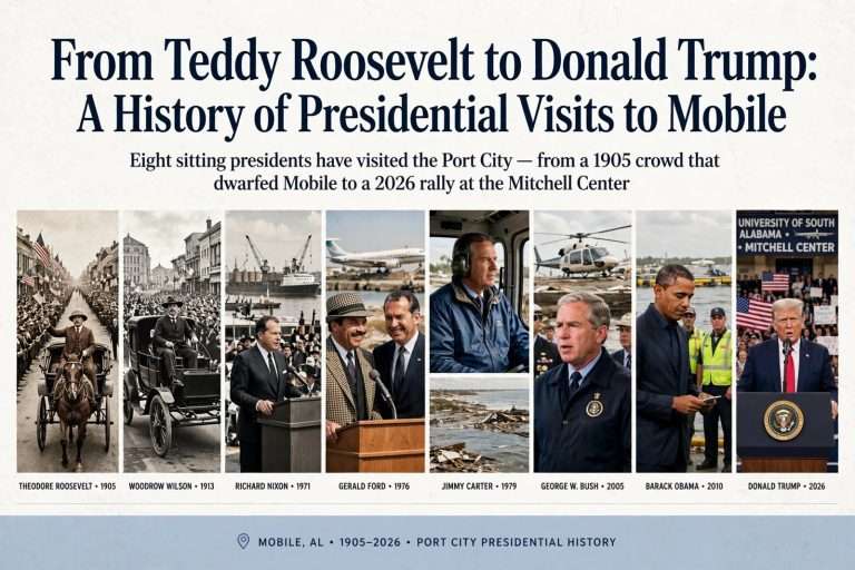 Illustration for the news story: From Teddy Roosevelt to Donald Trump: A History of Presidential Visits to Mobile