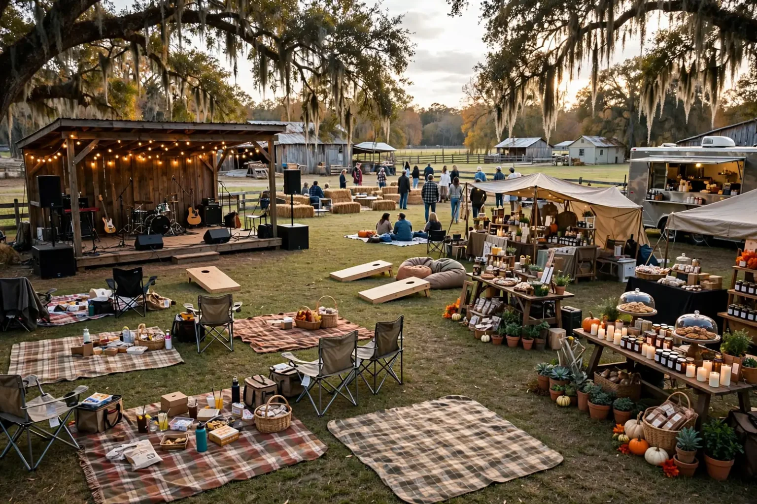 Festival guests seated on lawn chairs and blankets facing a small outdoor stage on a sunny fall afternoon