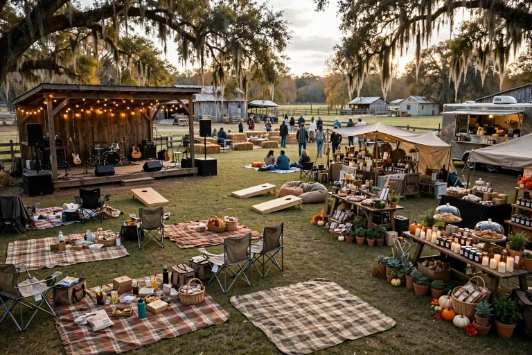 Festival guests seated on lawn chairs and blankets facing a small outdoor stage on a sunny fall afternoon