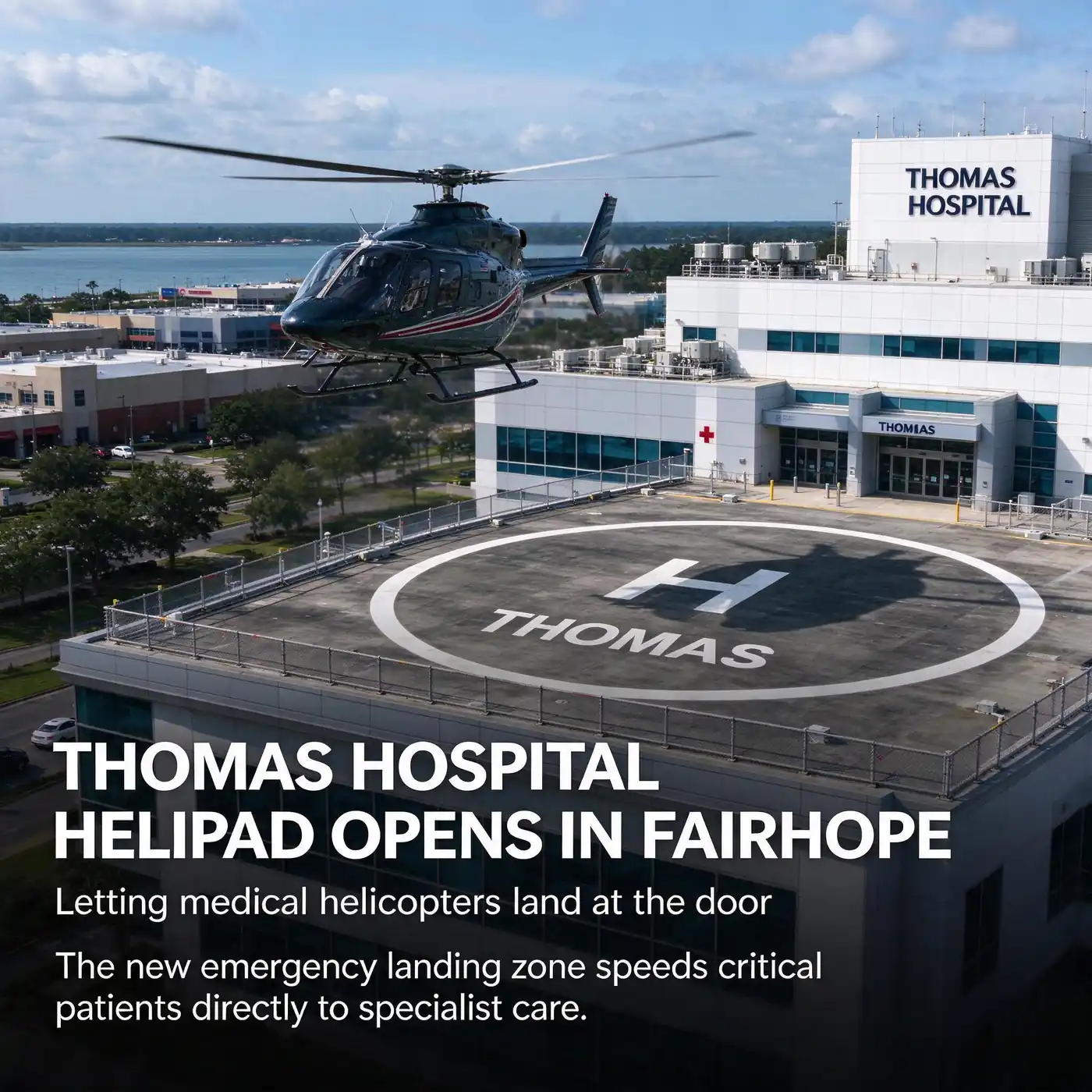 Medical helicopter resting on a marked hospital helipad beside a modern hospital building on a clear day