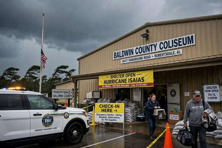 Illustration for the news story: Hurricane Isaias: Baldwin County Shelters Open as Officials Urge Low-Lying Residents to Get Out
