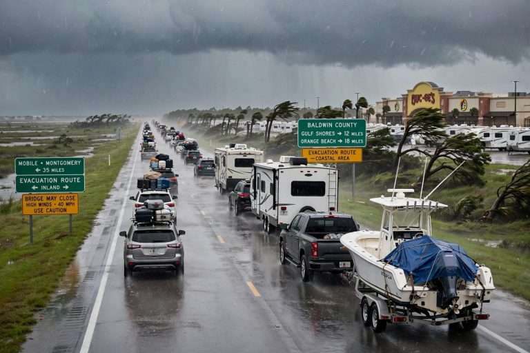 Illustration for the news story: Racing the Storm: Boat and RV Owners Head to the Coast as Vacationers Flee Hurricane Isaias