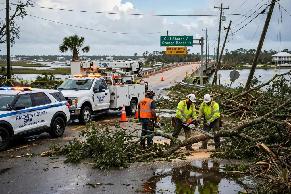 A large uprooted oak tree lies across a residential street with a snapped power line beside it as a city work crew begins clearing limbs under an overcast sky