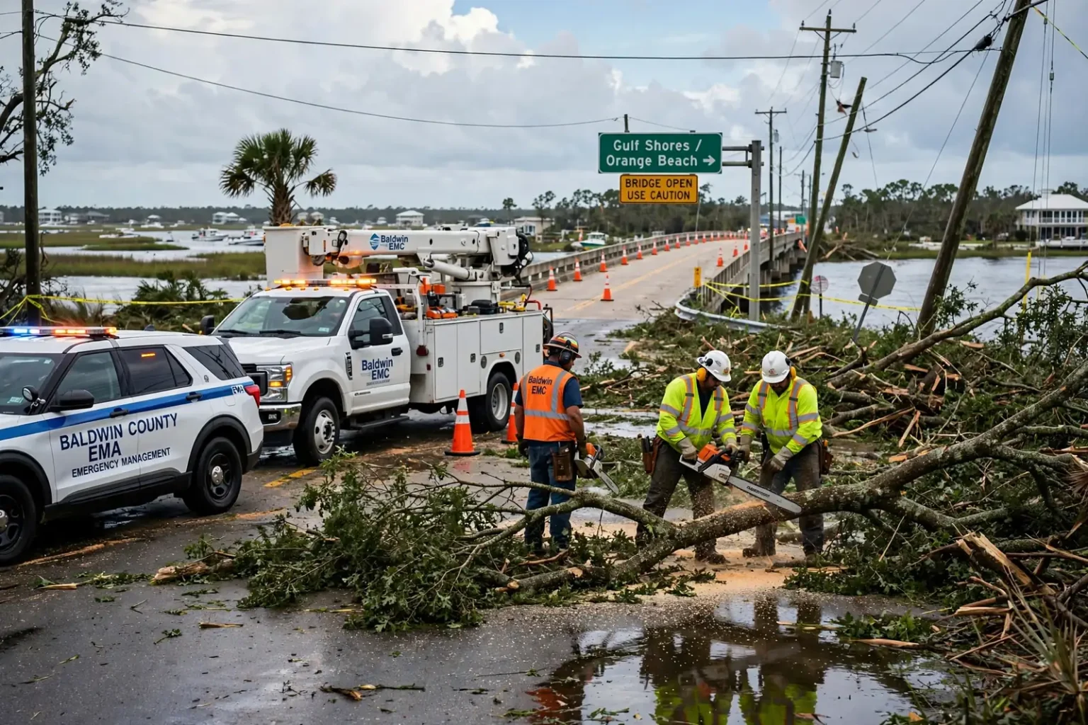 A large uprooted oak tree lies across a residential street with a snapped power line beside it as a city work crew begins clearing limbs under an overcast sky