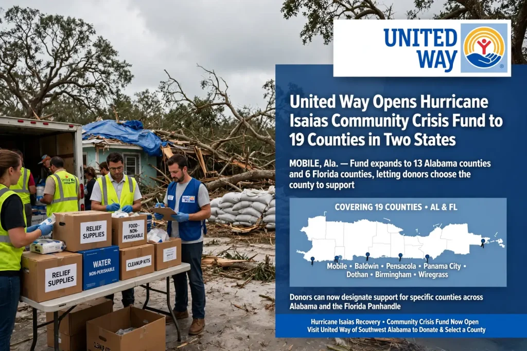 Volunteers distributing relief supplies amid hurricane debris beside a United Way crisis fund graphic