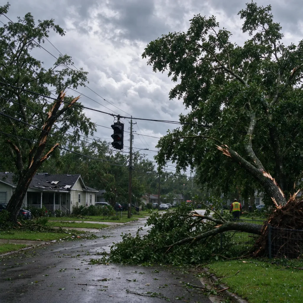 A large fallen tree lies across a residential street with downed power lines as a utility crew in a bucket truck works nearby after a hurricane