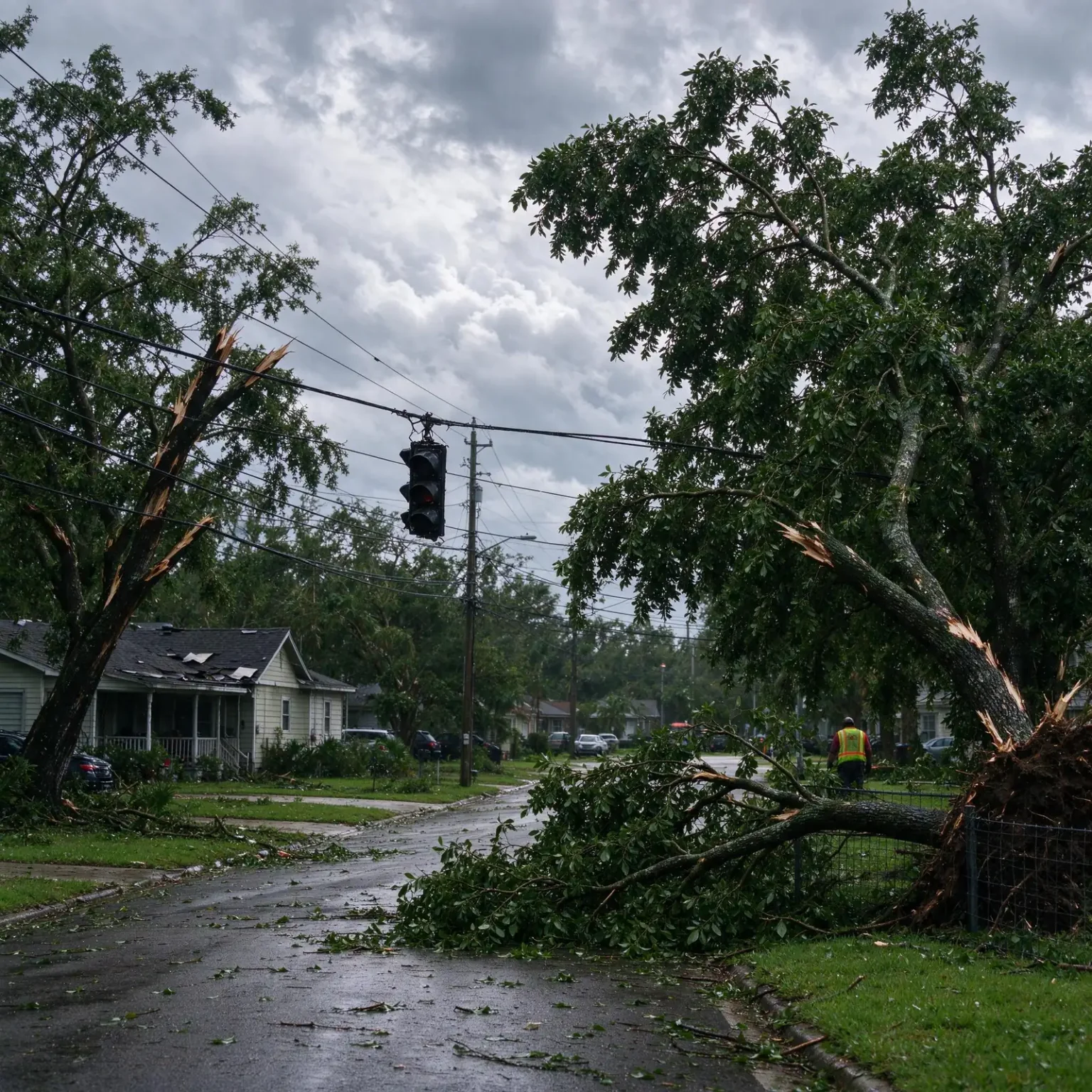A large fallen tree lies across a residential street with downed power lines as a utility crew in a bucket truck works nearby after a hurricane