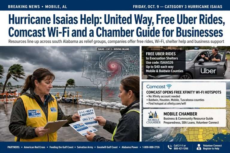 Illustration for the news story: Hurricane Isaias Help: United Way, Free Uber Rides, Comcast Wi-Fi and a Chamber Guide for Businesses