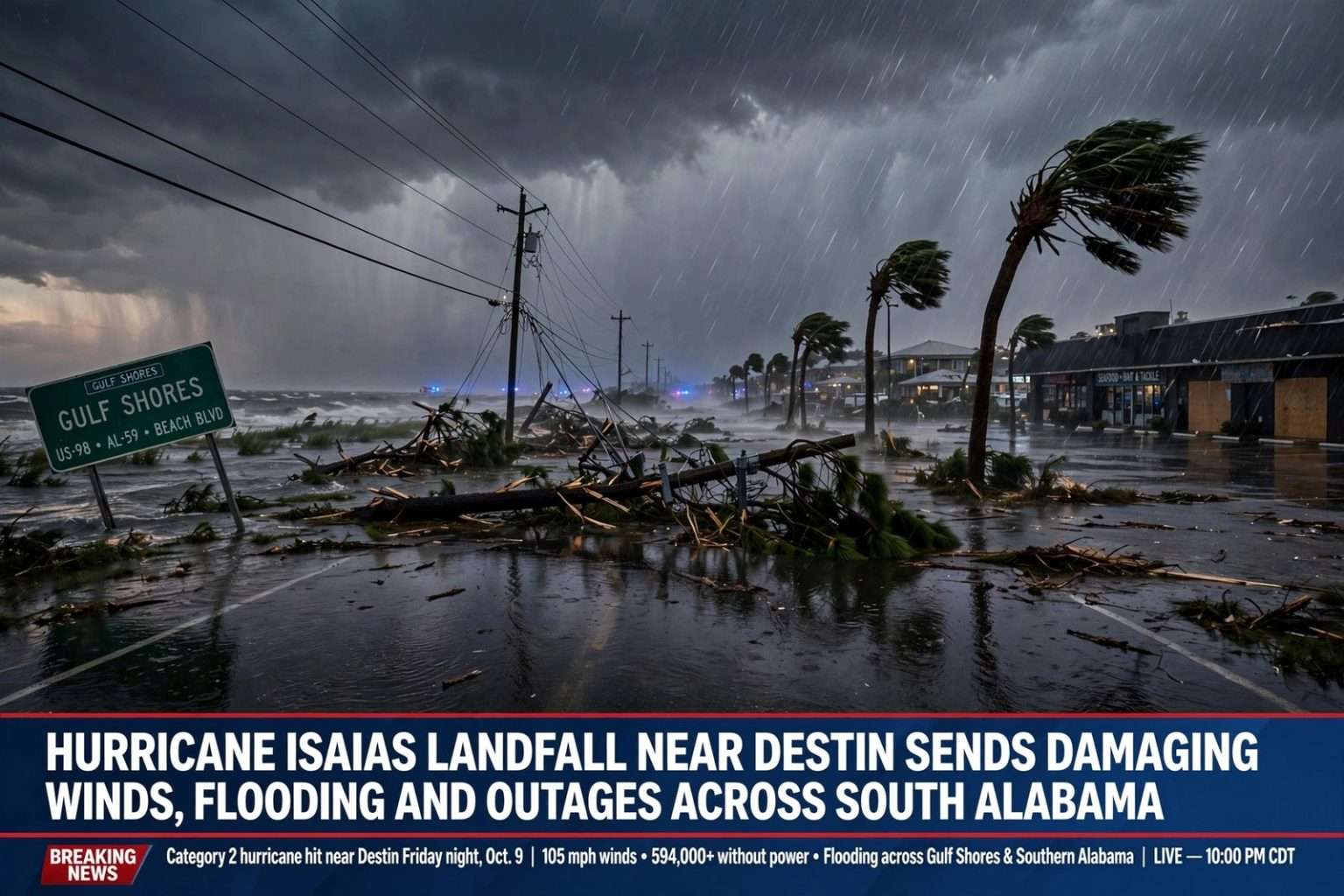 Illustration for the news story: Hurricane Isaias Landfall Near Destin Sends Damaging Winds, Flooding and Outages Across South Alabama