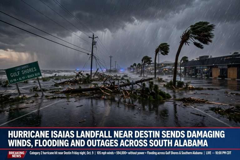 Illustration for the news story: Hurricane Isaias Landfall Near Destin Sends Damaging Winds, Flooding and Outages Across South Alabama