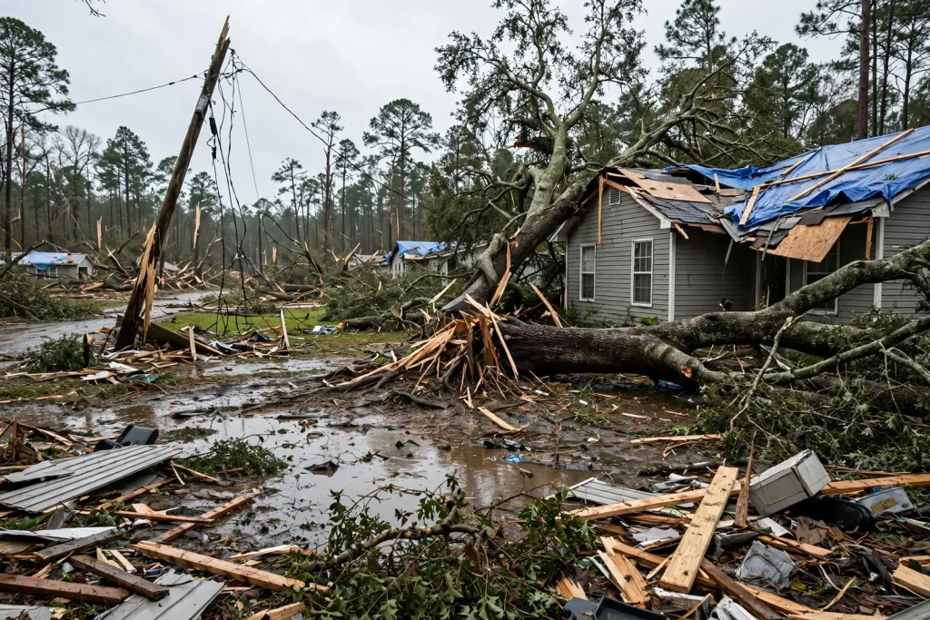 Downed trees and storm debris piled along a residential street after Hurricane Isaias in south Alabama