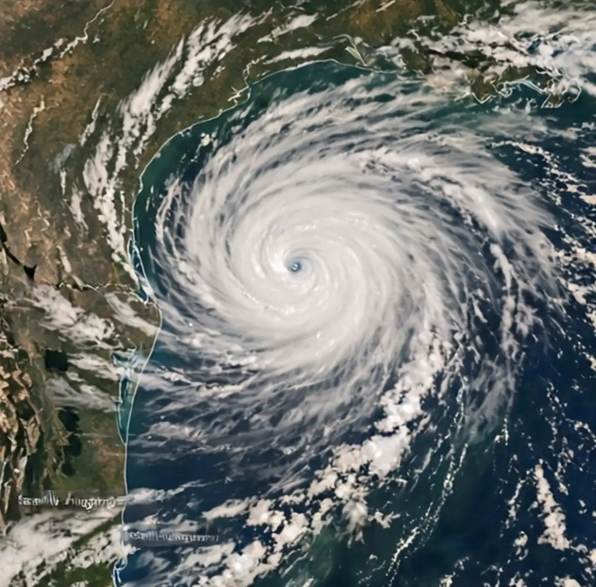 Satellite-style view of a large hurricane with a defined eye spiraling over the Gulf near the coastline