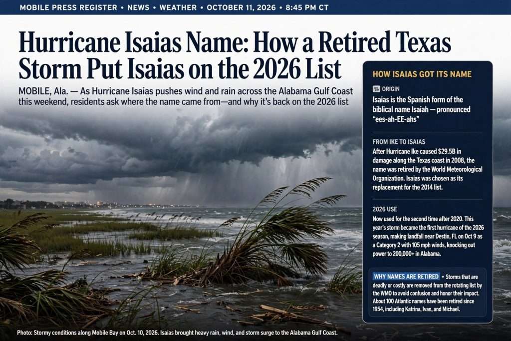 Illustration for the news story: Hurricane Isaias Name: How a Retired Texas Storm Put Isaias on the 2026 List