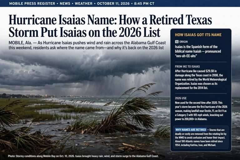 Illustration for the news story: Hurricane Isaias Name: How a Retired Texas Storm Put Isaias on the 2026 List