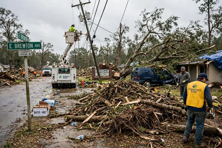Piles of tree limbs and logs stacked along a rural roadside after a hurricane, with a utility bucket truck in the background
