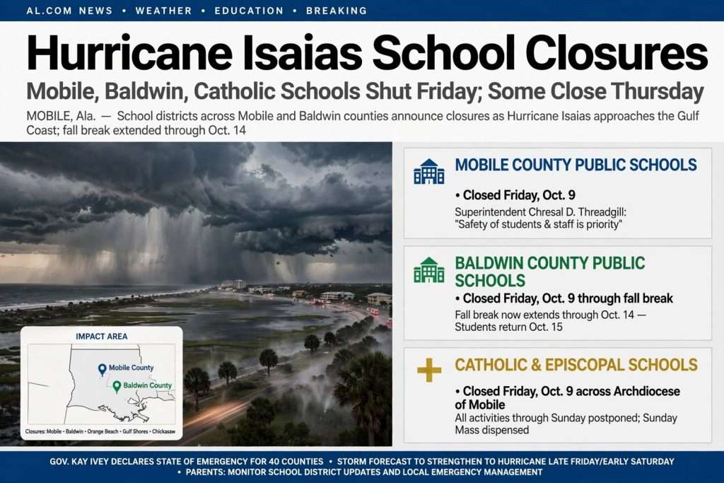 Illustration for the news story: Hurricane Isaias School Closures: Mobile, Baldwin, Catholic Schools Shut Friday; Some Close Thursday
