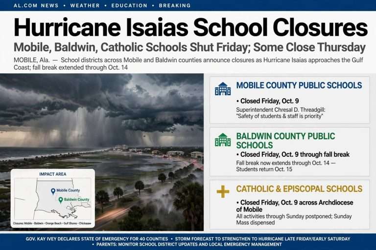 Illustration for the news story: Hurricane Isaias School Closures: Mobile, Baldwin, Catholic Schools Shut Friday; Some Close Thursday