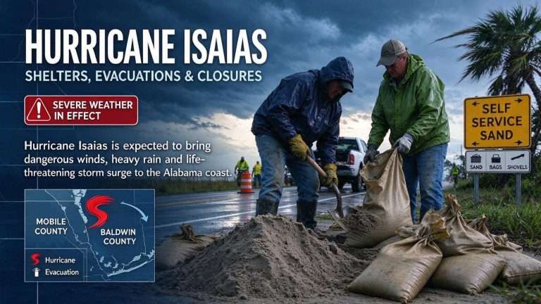Illustration for the news story: Hurricane Isaias Shelters, Evacuations and Closures: What Mobile and Baldwin Residents Need to Know