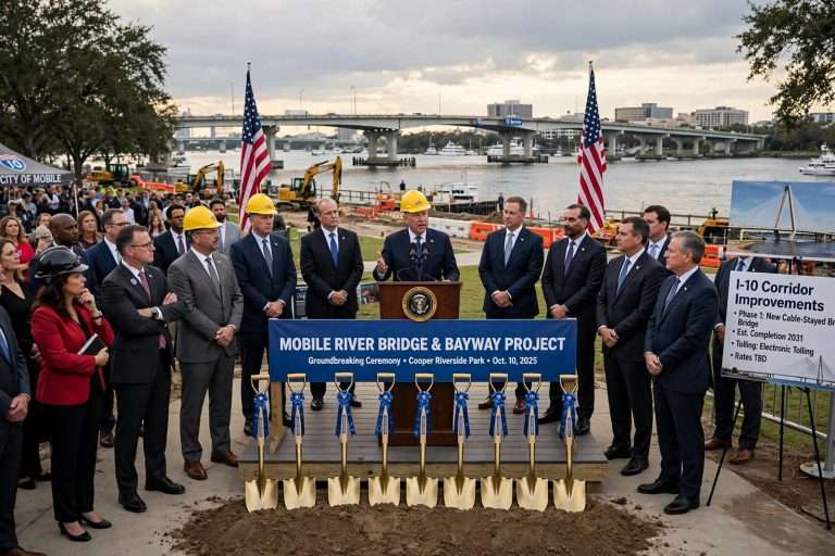 Illustration for the news story: I-10 Bridge Tolls and Trump Naming Push Left Out of Speeches at Mobile Groundbreaking