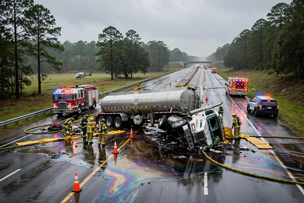 A tractor-trailer lying on its side along an interstate shoulder with fire trucks and emergency crews nearby