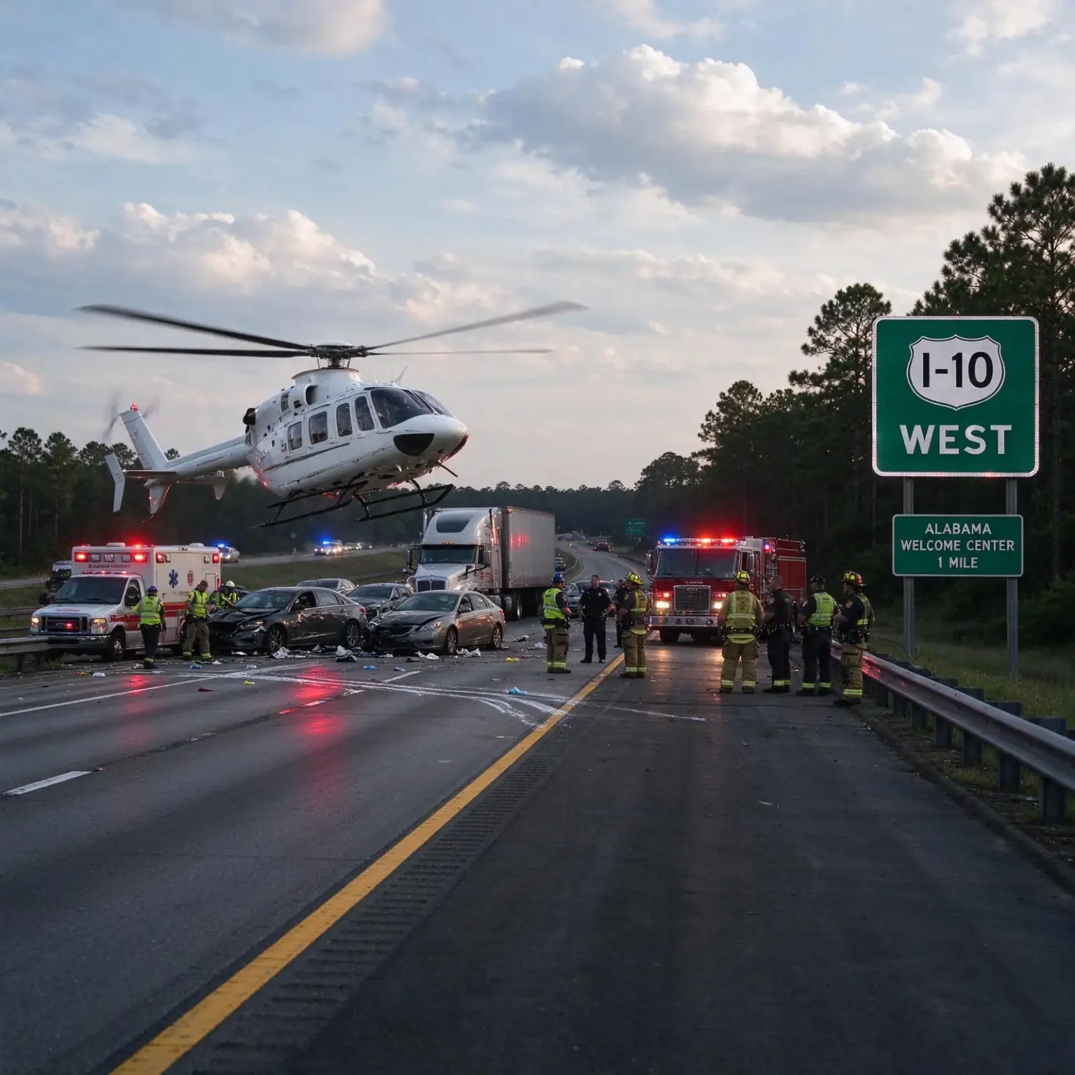 Fire trucks and state trooper vehicles with flashing lights blocking lanes of a closed interstate highway lined with pine trees in Baldwin County, Alabama