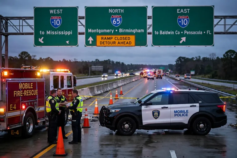 Highway interchange ramps with evening rush-hour traffic and emergency vehicle lights in the distance
