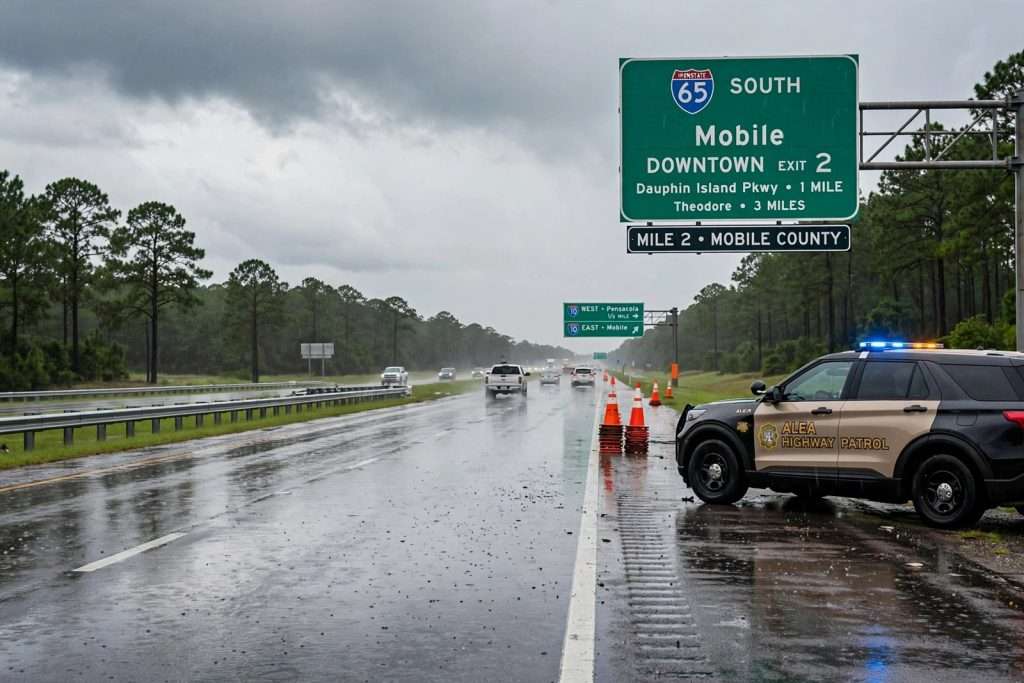 Illustration for the news story: I-65 Southbound Reopens Near Mile Marker 2 in Mobile County After Commercial Vehicle Crash Blocked Lanes Saturday