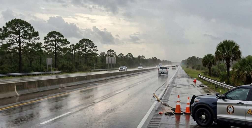 A state trooper vehicle parked on the shoulder of a rain-soaked interstate beside traffic cones near an I-65 South sign