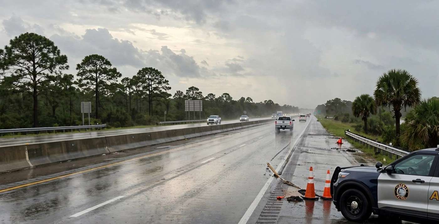 A state trooper vehicle parked on the shoulder of a rain-soaked interstate beside traffic cones near an I-65 South sign