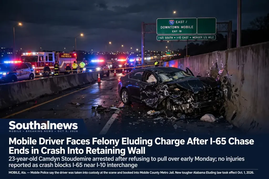 Emergency vehicles surround a wrecked car against a retaining wall on I-65 South near the I-10 interchange in Mobile at night
