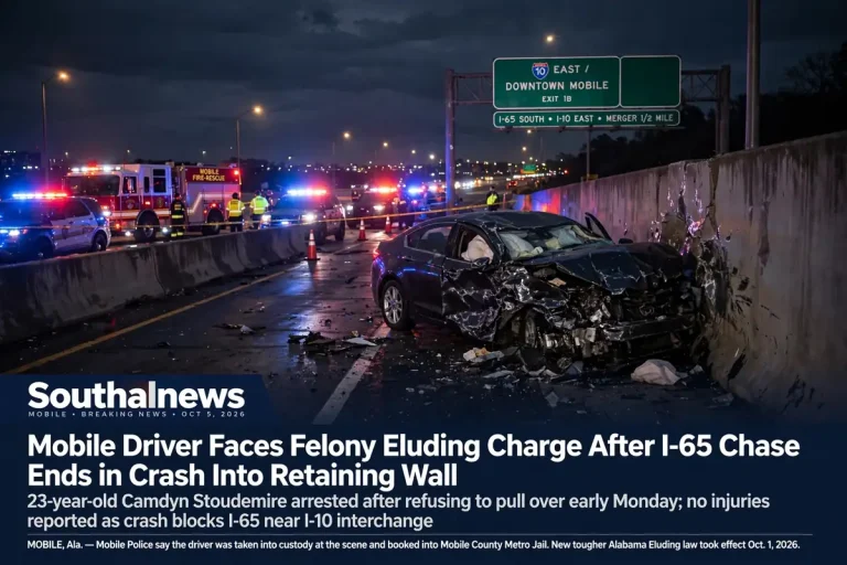 Emergency vehicles surround a wrecked car against a retaining wall on I-65 South near the I-10 interchange in Mobile at night