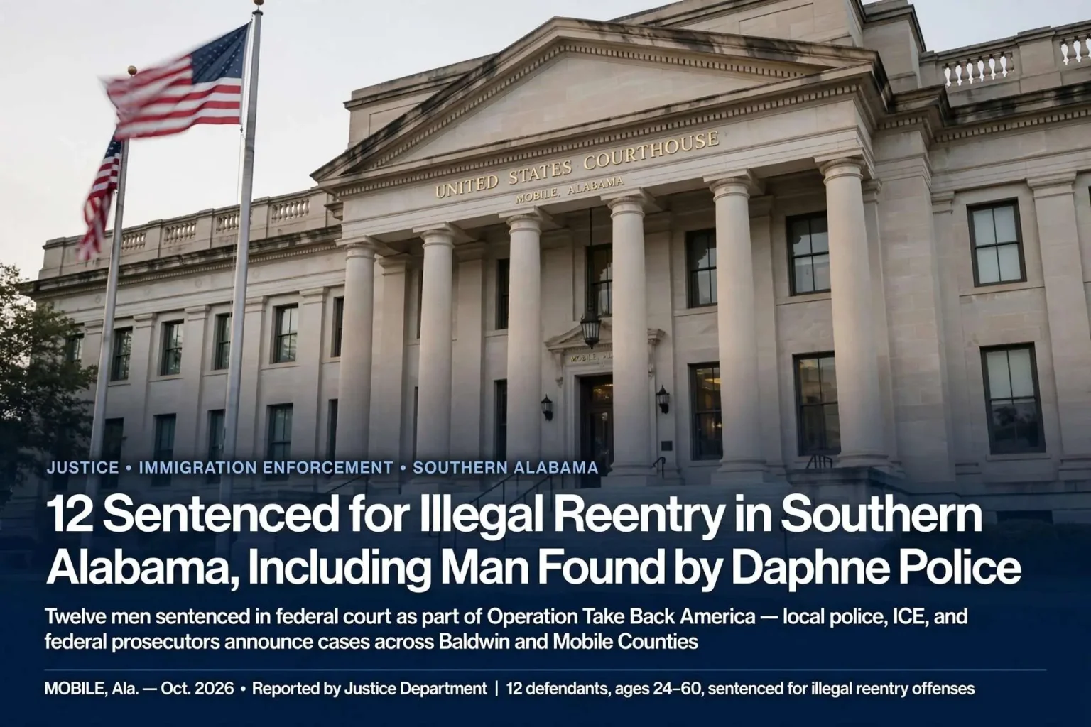 Columned U.S. courthouse with American flag, headline on 12 illegal reentry sentences in South Alabama