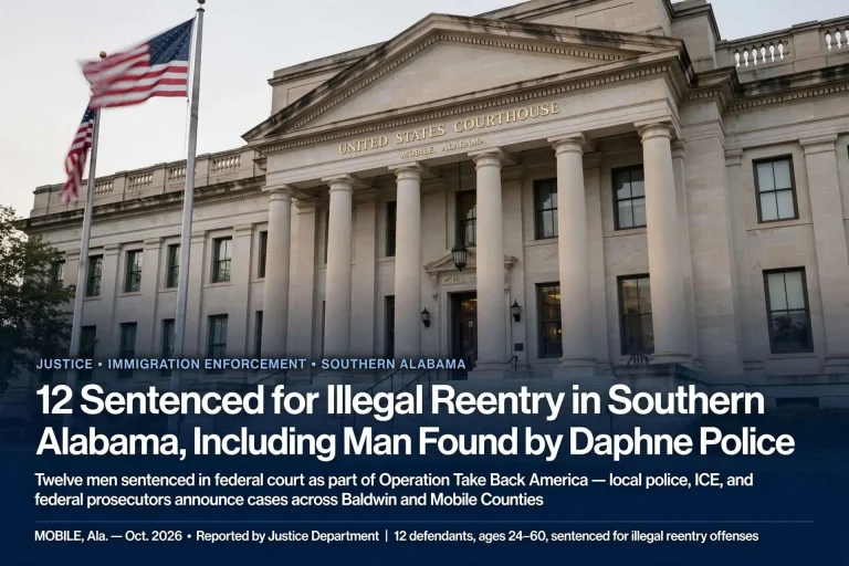 Columned U.S. courthouse with American flag, headline on 12 illegal reentry sentences in South Alabama