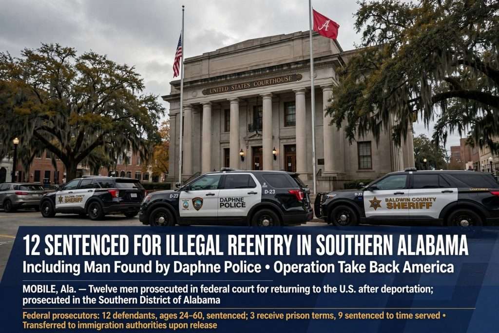Illustration for the news story: 12 Sentenced for Illegal Reentry in Southern Alabama, Including Man Found by Daphne Police