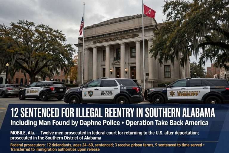 Illustration for the news story: 12 Sentenced for Illegal Reentry in Southern Alabama, Including Man Found by Daphne Police