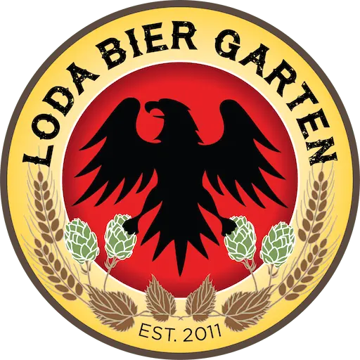 The Loda Bier Garten company logo, a circular gold and red emblem with a black eagle, hops and wheat, marked Est. 2011