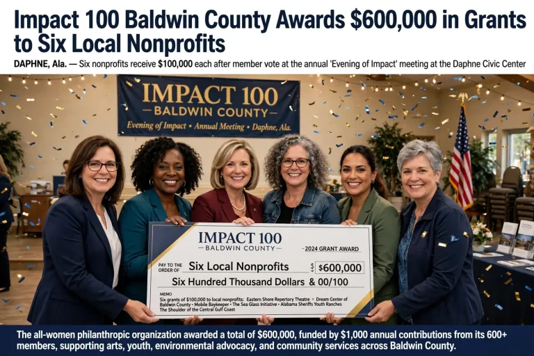Group of women holding an oversized Impact 100 Baldwin County grant check
