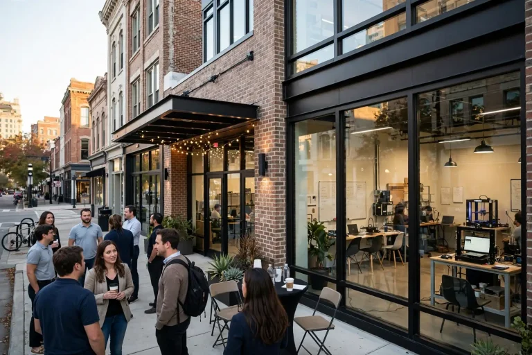 Startup founder pitching a business idea to judges and an audience in a modern downtown event space