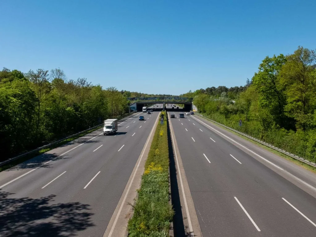 Multi-lane divided highway with light traffic and an overpass, lined by trees under a clear blue sky