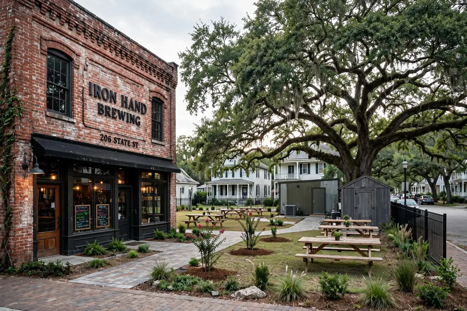 A red brick brewpub on State Street beside a landscaped side lot with picnic tables under a large live oak