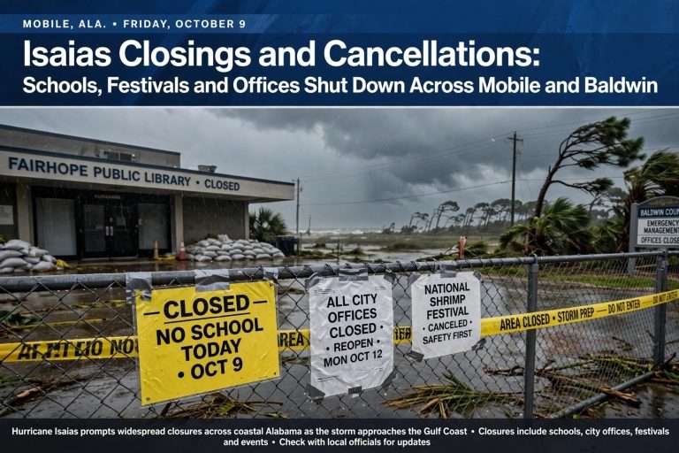Illustration for the news story: Isaias Closings and Cancellations: Schools, Festivals and Offices Shut Down Across Mobile and Baldwin